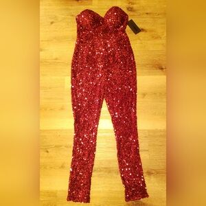 FASHION NOVA LUXE Burgundy Sequin jumpsuit Sz Large